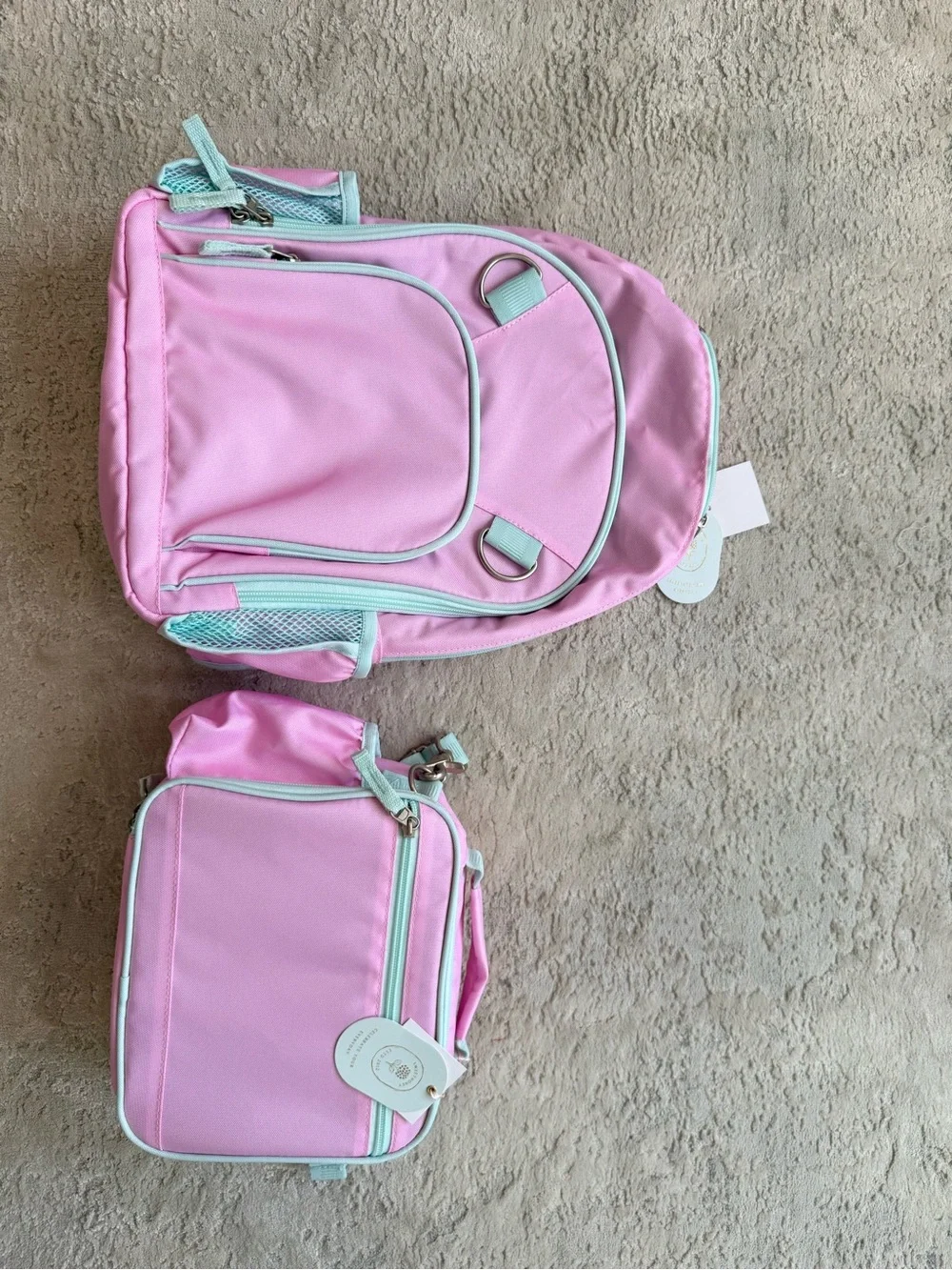 Sweethoney: Kids Pink Backpack and Lunchbag Set with Mint Trim